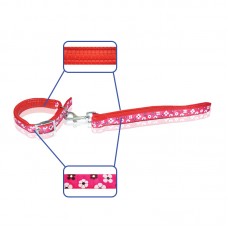 COLLAR & LEAD SET W/PU - WHITE FLOWER IN RED 20mm