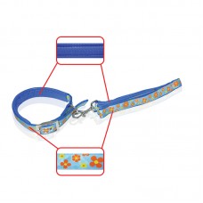 COLLAR&LEAD SET W/PU - ORANGE FLOWER IN BLUE 25mm